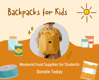 Picture: backpack on a student surrounded by drawings of canned food. 
Outreach to a local elementary school providing weekend food for food insecure students and their families.