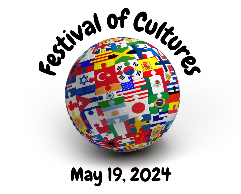 Announcing the Festival of Cultures on May 19, 2024. Picture: Sphere covered with flags of the world.